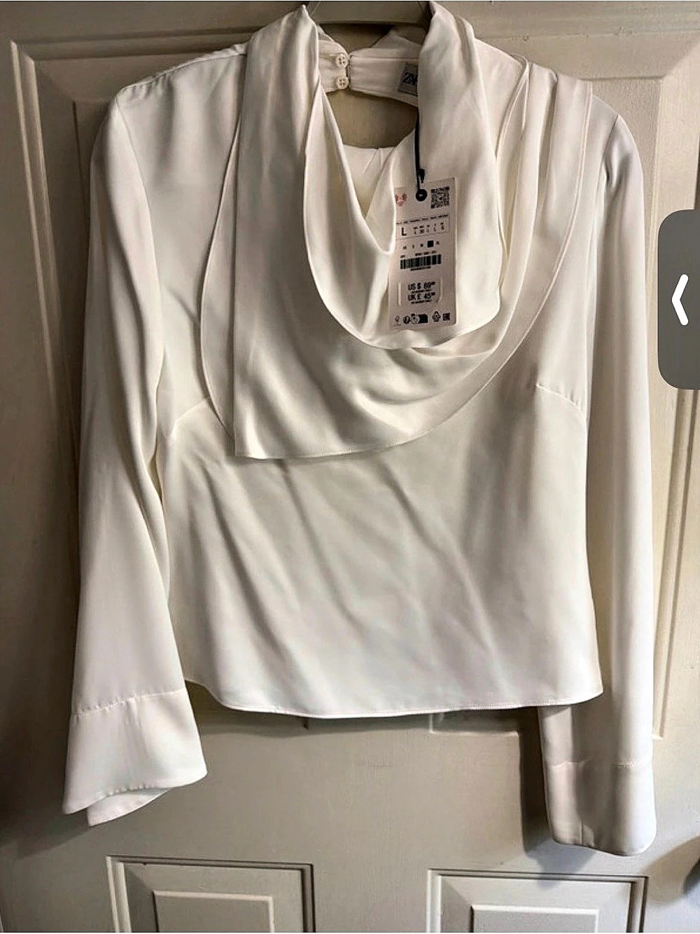 Zara Draped Open Back Top Cowl Neck Blouse White Large